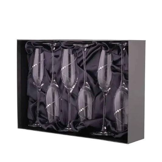 Set of six Diamante Champagne Flutes by Glassware UK featuring sparkling glassware with diamond accents, displayed in a gift box.