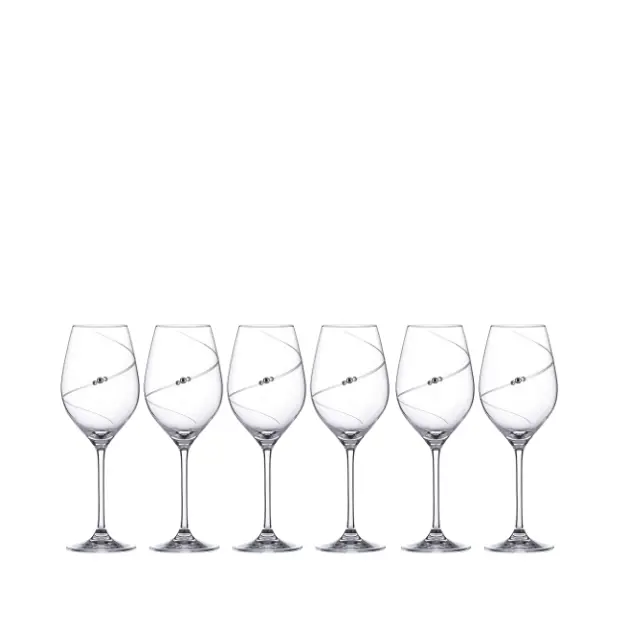 Set of six Glassware UK diamante champagne flutes with sparkling embellishments in a gift box, perfect for celebrations.
