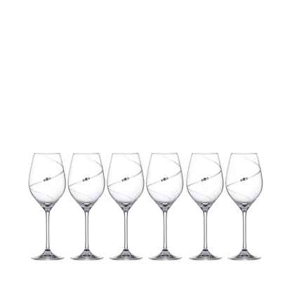 Set of six Glassware UK diamante champagne flutes with sparkling embellishments in a gift box, perfect for celebrations.