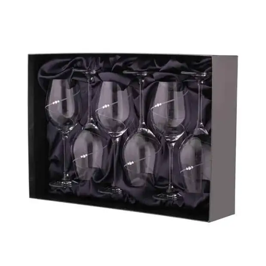 Set of six Diamante Champagne Flutes by Glassware UK in a gift box, featuring elegant crystal stems and sparkling diamanté embellishments.