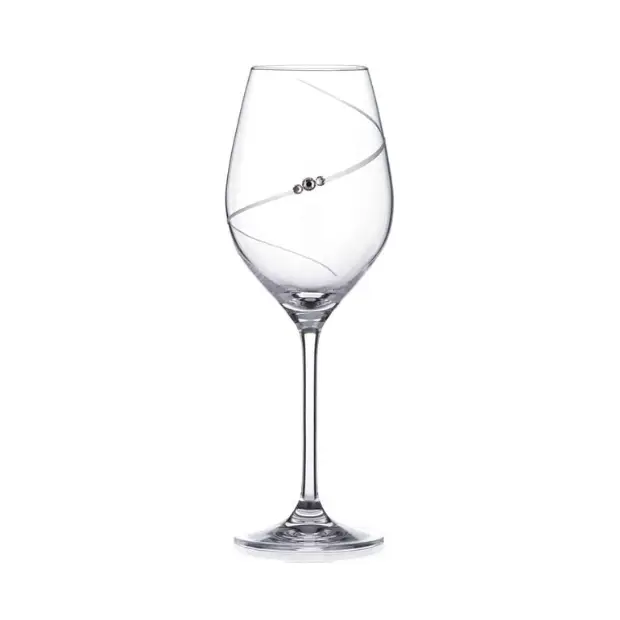 Set of six Glassware UK diamante champagne flutes with sparkling embellishments, displayed in a gift box.