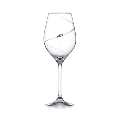 Set of six Glassware UK diamante champagne flutes with sparkling embellishments, displayed in a gift box.
