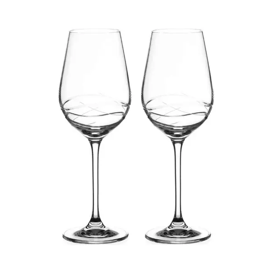 Set of two Venice Crystal white wine glasses by Glassware UK in a gift box, featuring clear crystal and elegant design.