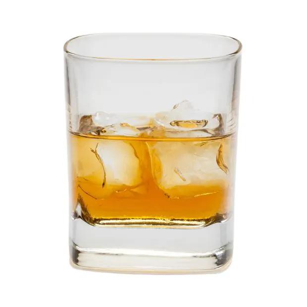 Set of six Luigi Bormioli square whisky tumblers with 240ml capacity, clear glassware for stylish whisky drinking.