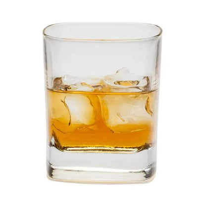 Set of six Luigi Bormioli square whisky tumblers with 240ml capacity, clear glassware for stylish whisky drinking.