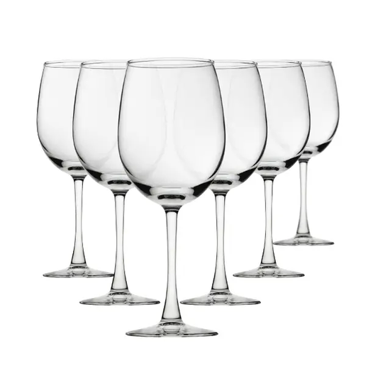 Set of six 470ml Vino Wine Glasses by Glassware UK, clear crystal stemware for red and white wines.