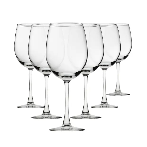 Set of six Glassware UK Vino wine glasses, 370ml capacity, clear glassware with elegant stems, ideal for wine drinking.