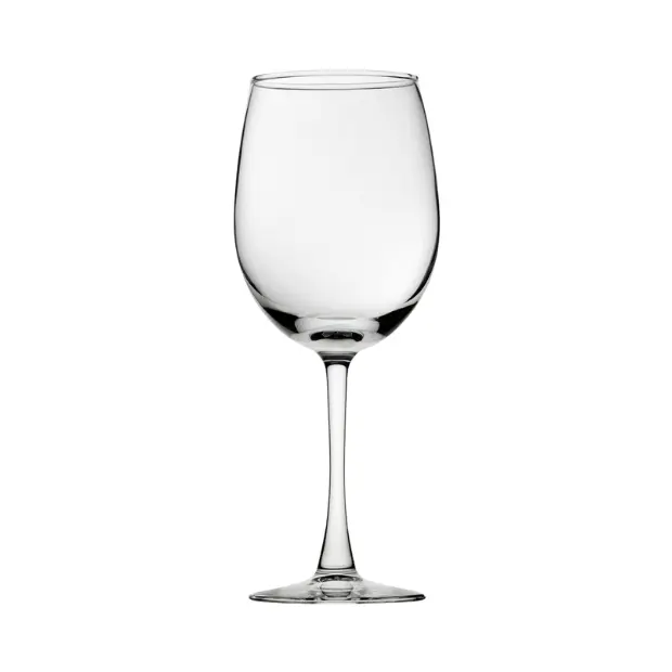 Set of six Glassware UK Vino wine glasses, 470ml capacity, showcasing clear glass with elegant stem and bowl design.