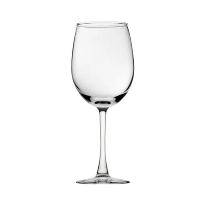 Set of six Glassware UK Vino wine glasses, 470ml capacity, showcasing clear glass with elegant stem and bowl design.