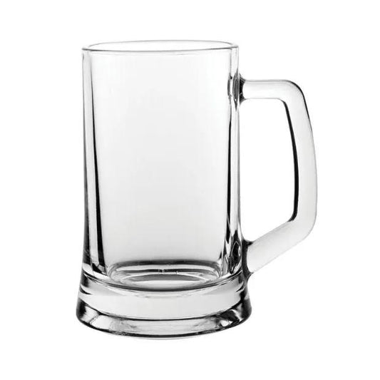 Large straight-sided glass tankard by Glassware UK, 670ml capacity, clear glass with a sturdy handle and straight sides.