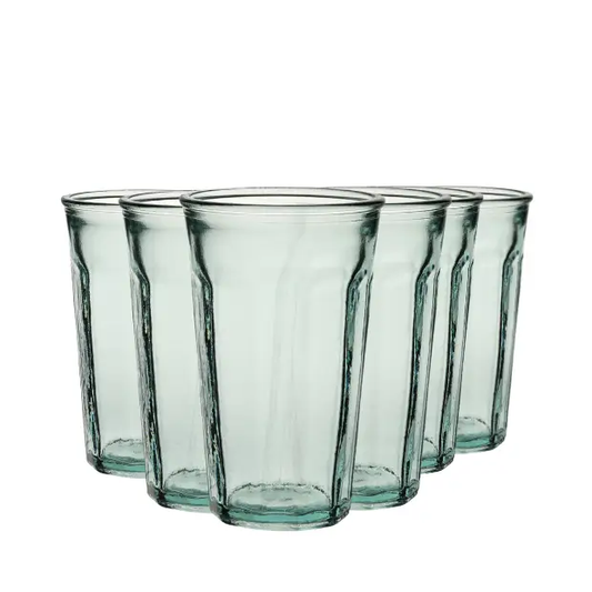 Set of six recycled glassware UK whisky tumblers, 300ml Barca highball glasses with clear, durable design for beverages.