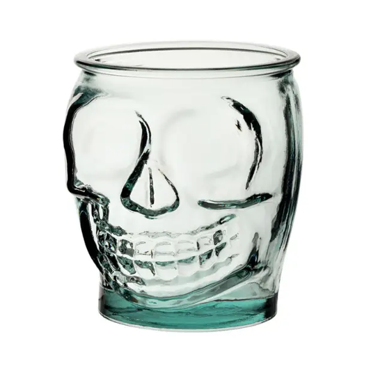 Skull-shaped recycled glass jar tankard from Glassware UK with a detailed skull design, 470ml capacity.