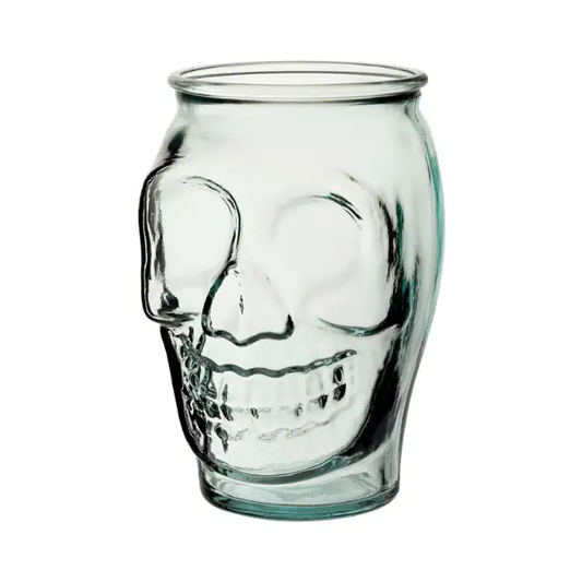 Recycled Skull Glass Tumbler by Glassware UK, 520ml cocktail glass with skull design, clear glass and recycled material.