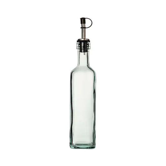 Recycled square glass Piri bottle from Glassware UK, 400ml capacity, clear textured glass with a square shape and screw cap lid.