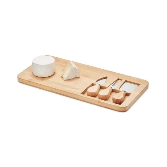 Bamboo cheese board set with cheese knives and accessories, perfect for gift giving, by Glassware UK.