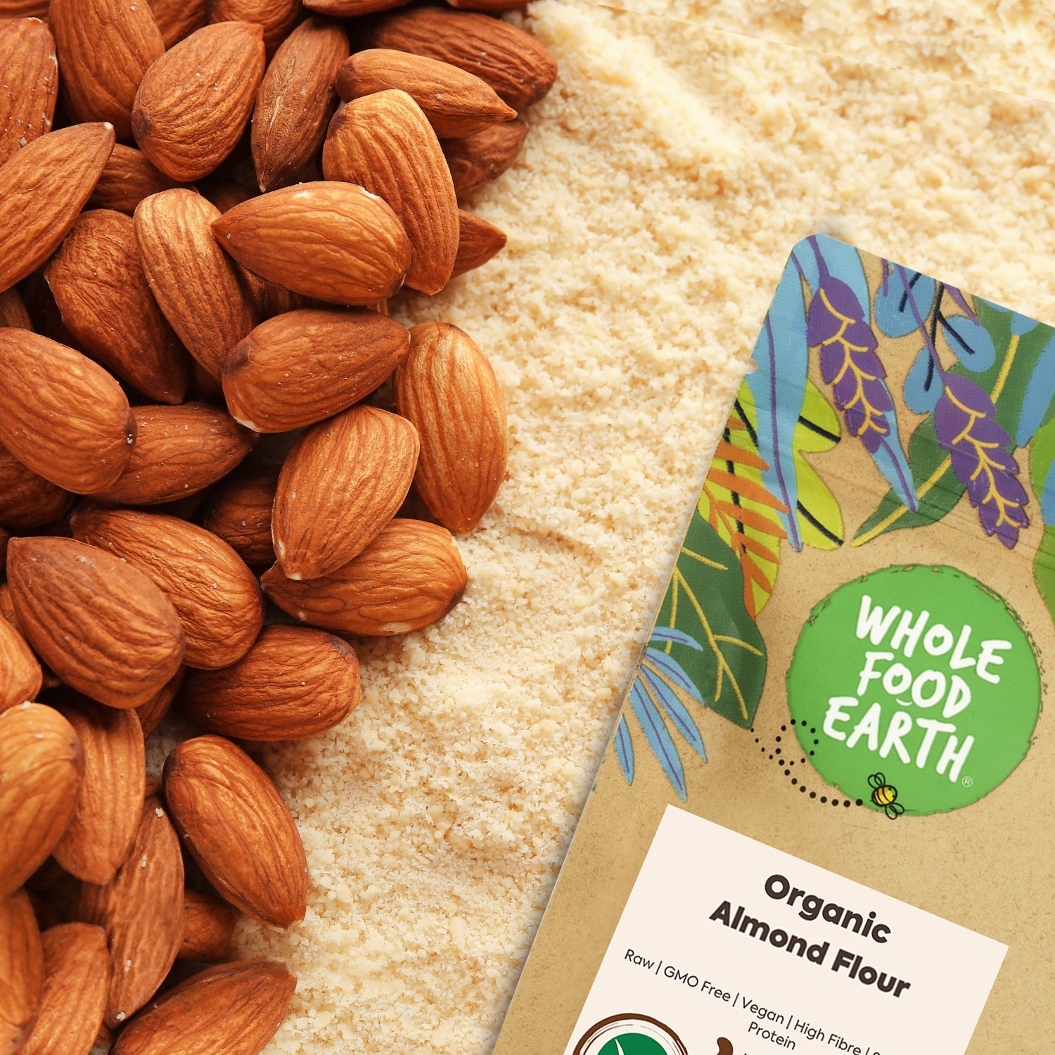 Organic almond flour from Whole Food Earth, finely ground almonds in a clear bag, perfect for baking and gluten-free recipes.