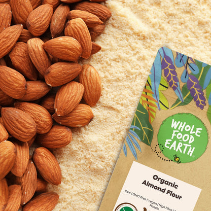 Organic almond flour from Whole Food Earth, finely ground almonds in a clear bag, perfect for baking and gluten-free recipes.