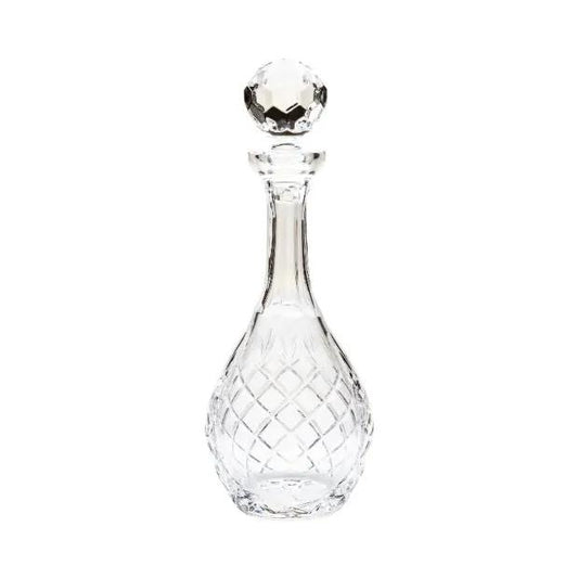Clear glass 1L crystal panelled wine decanter with a wide mouth and elegant design, perfect for serving and aerating wine.