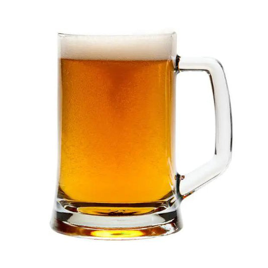 Large straight-sided glass tankard by Glassware UK, 670ml capacity, clear sturdy glass with a smooth handle and wide opening.