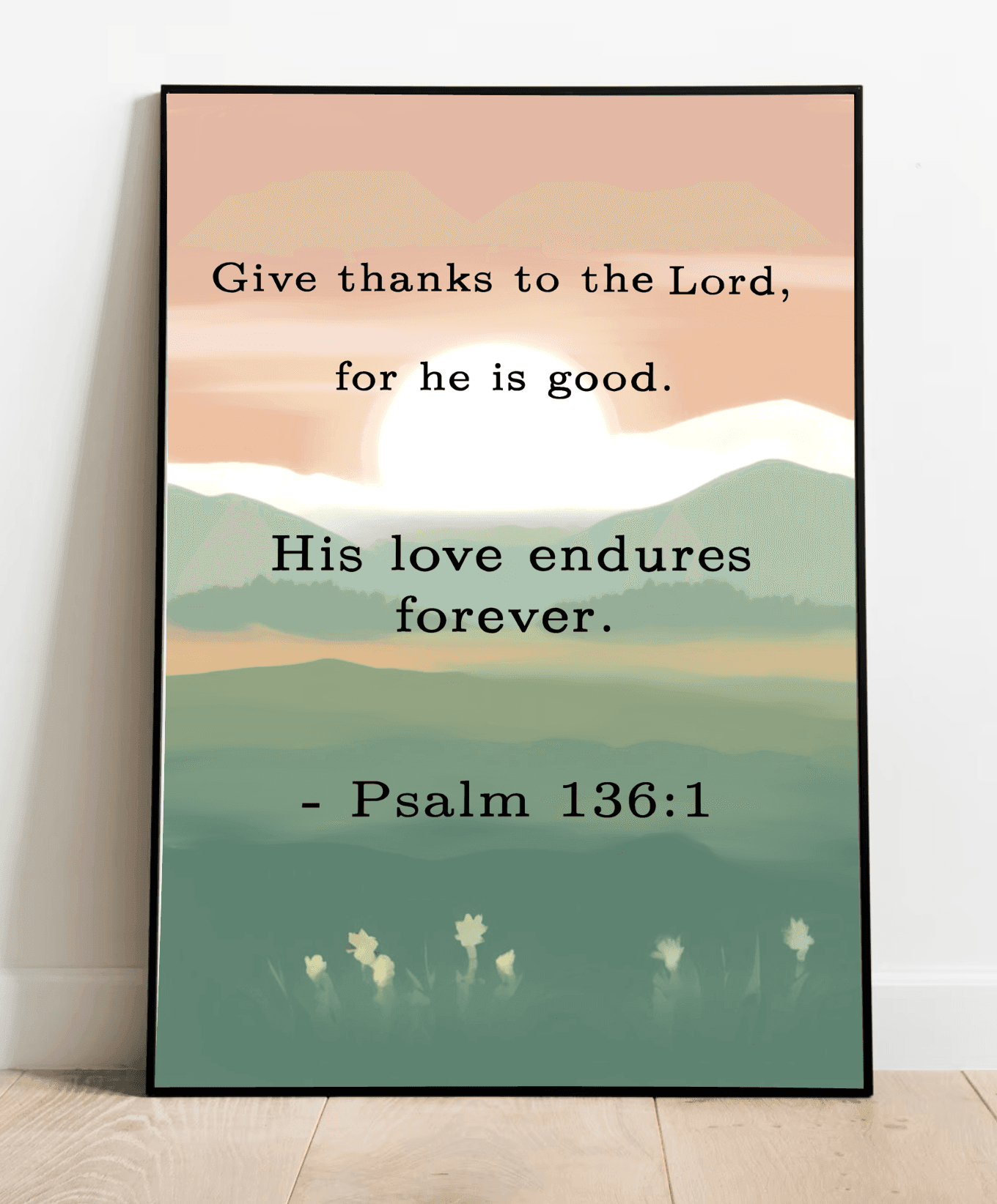 KEOLIX Psalm 136:1 print featuring biblical verse on a decorative wall art, suitable for religious home decor.