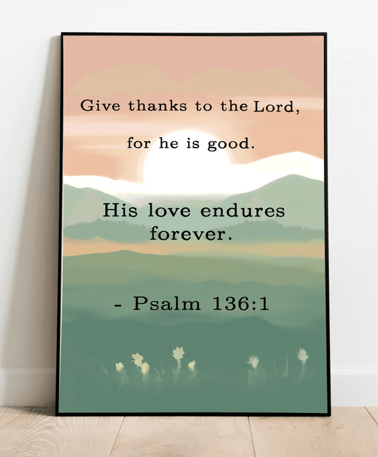 KEOLIX Psalm 136:1 print featuring biblical verse on a decorative wall art, suitable for religious home decor.