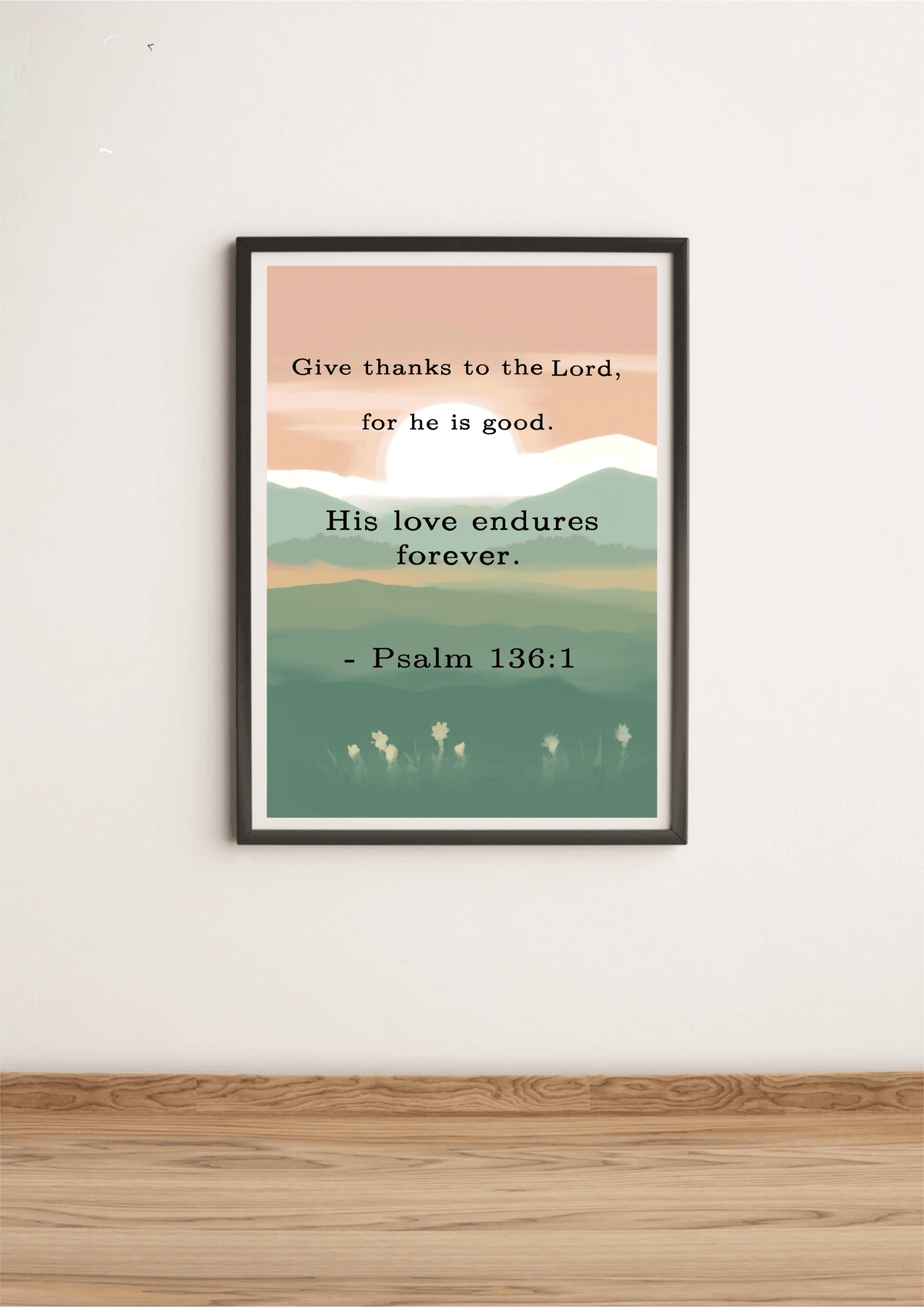 Close-up of a KEOLIX Psalm 136:1 print featuring elegant typography on a textured background.