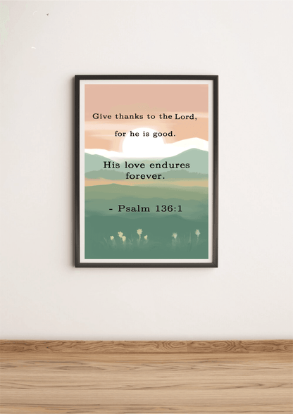 Close-up of a KEOLIX Psalm 136:1 print featuring elegant typography on a textured background.