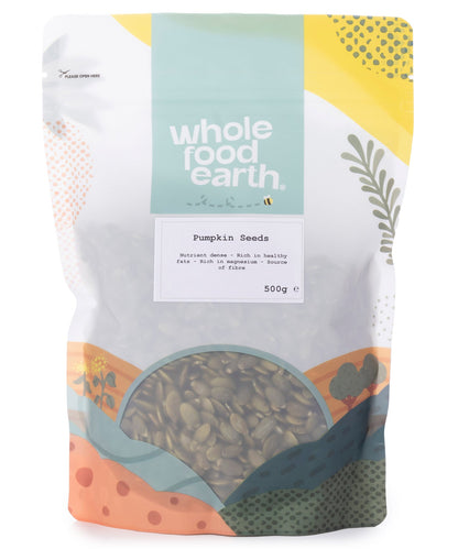 Whole Food Earth pumpkin seeds in a 500g bag, showing fresh, raw pumpkin seeds from the Nuts & Seeds category.