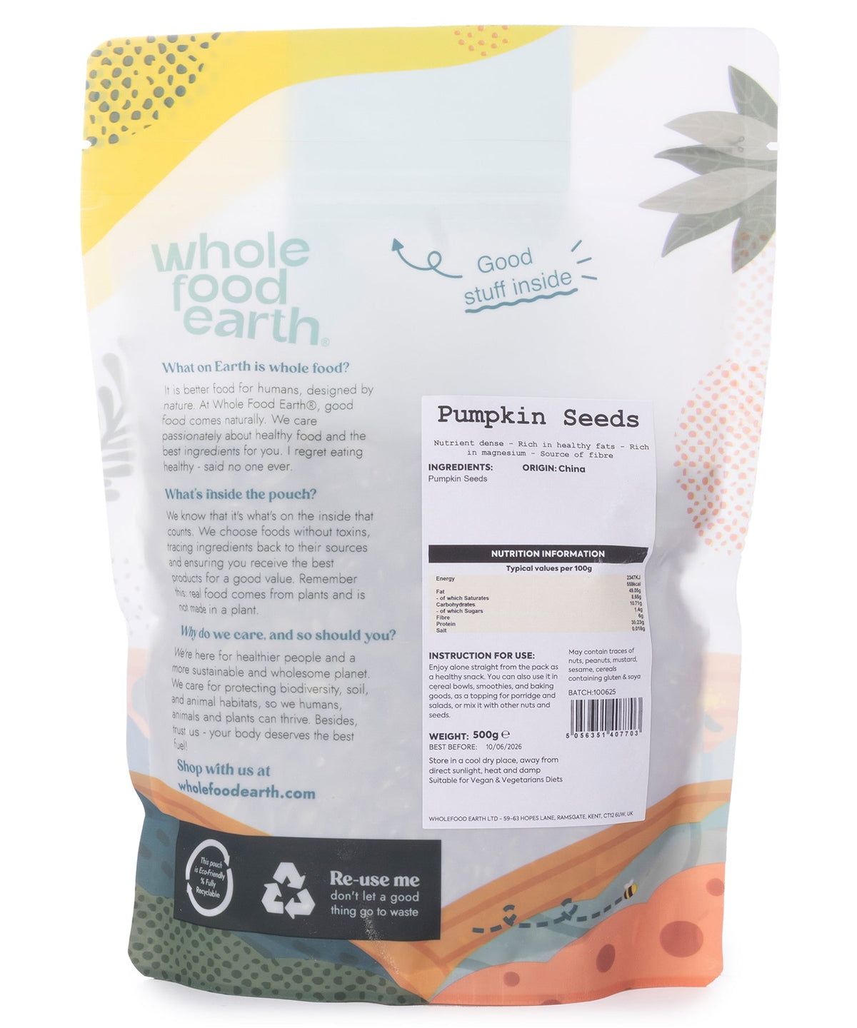 500g Whole Food Earth pumpkin seeds, crunchy nuts and seeds snack in a clear bag, showcasing green pumpkin seeds inside.
