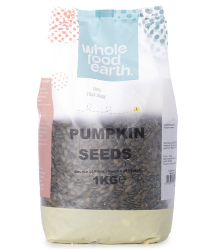 Whole Food Earth pumpkin seeds in a 1kg bag, raw and shelled pumpkin seeds for snacking or cooking.