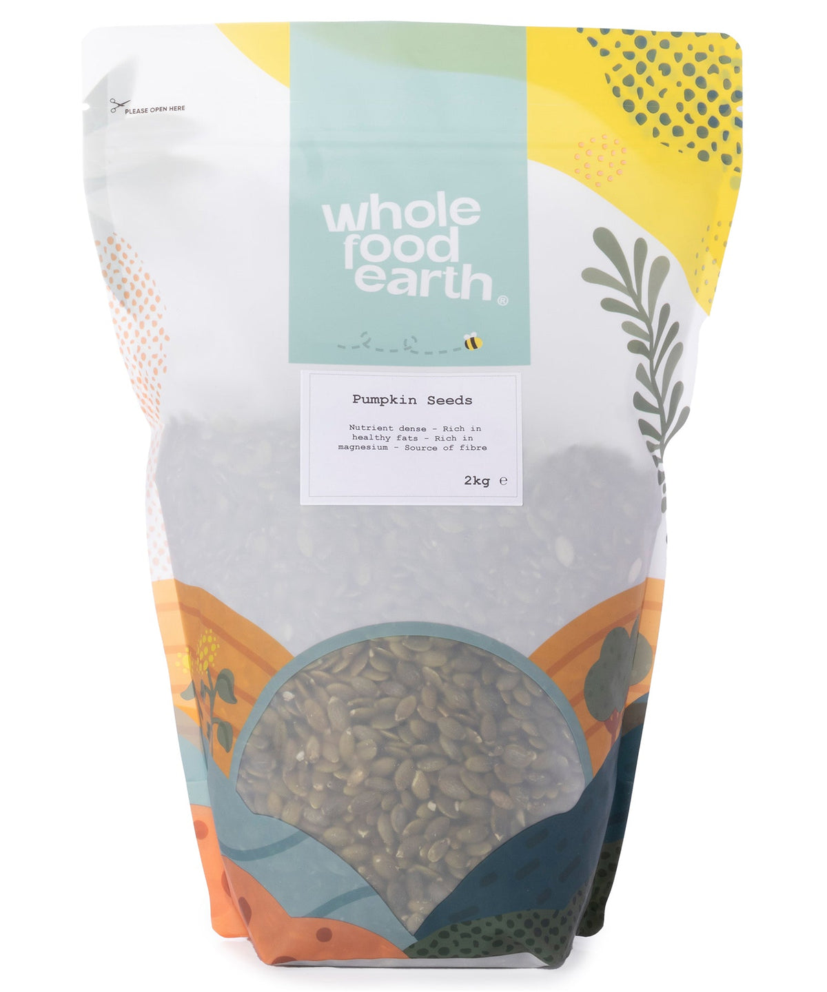 Two kilograms of Whole Food Earth pumpkin seeds, showing fresh, green seeds in a clear container for nuts and seeds.