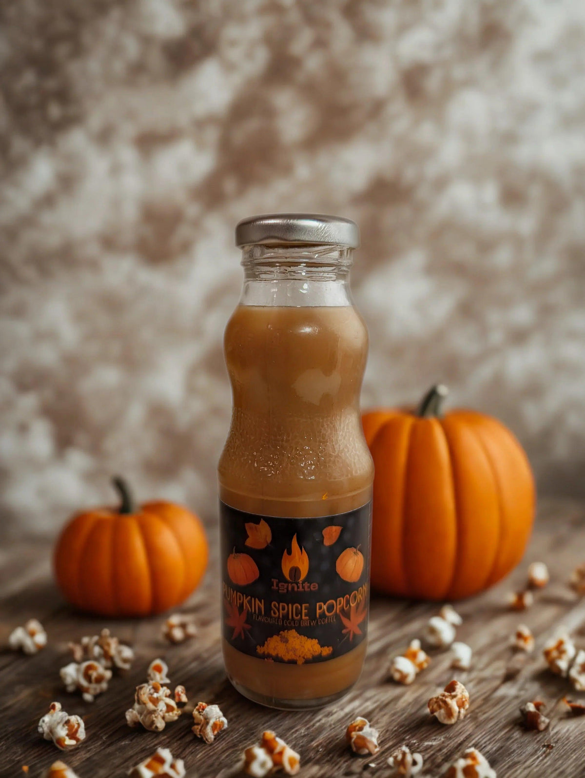 Pumpkin spice popcorn-inspired cold brew coffee pack from Ignite Coffee Co with six indulgent flavors for cozy moments.