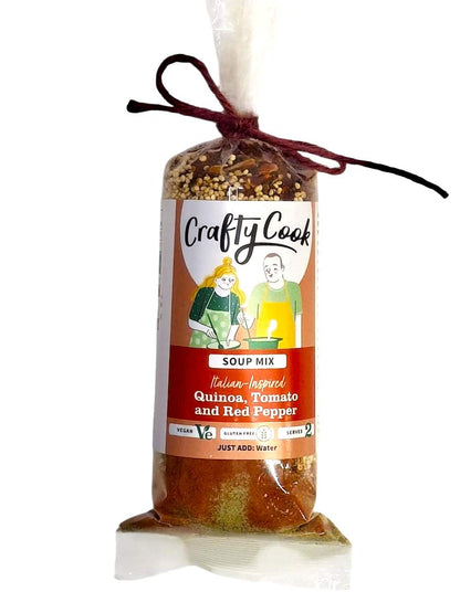 Assorted gluten-free and vegan soup collection by Crafty Cook, featuring three different 2-serving meals in colorful bowls.