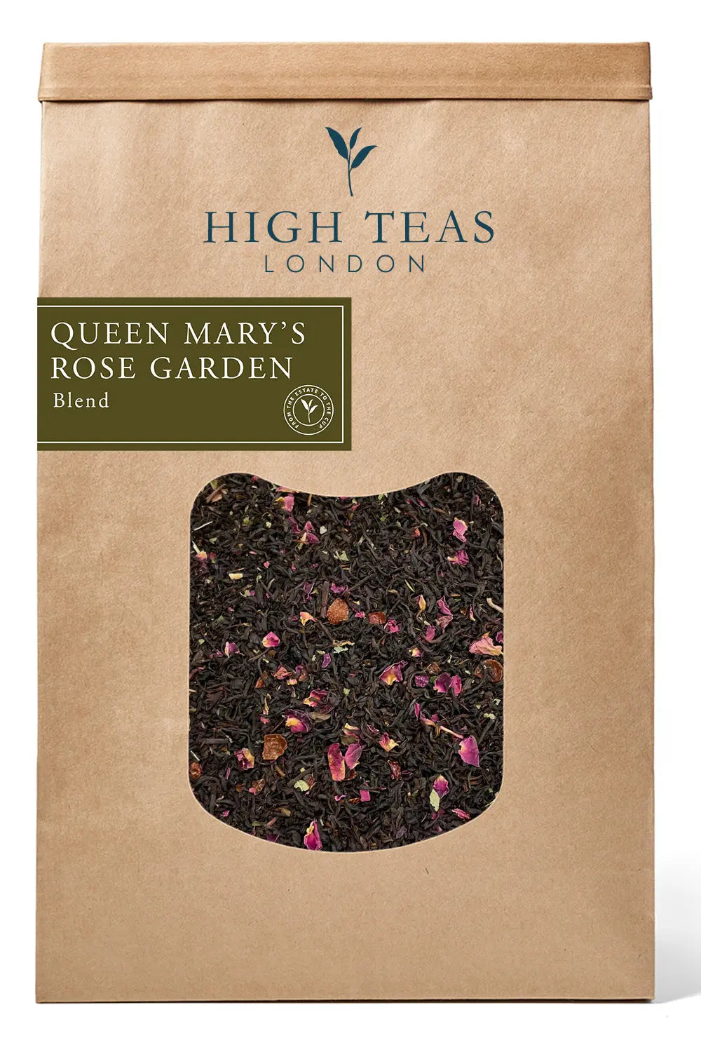 Loose leaf Queen Mary's Rose Garden tea by High Teas, featuring fragrant rose petals in a clear glass jar.