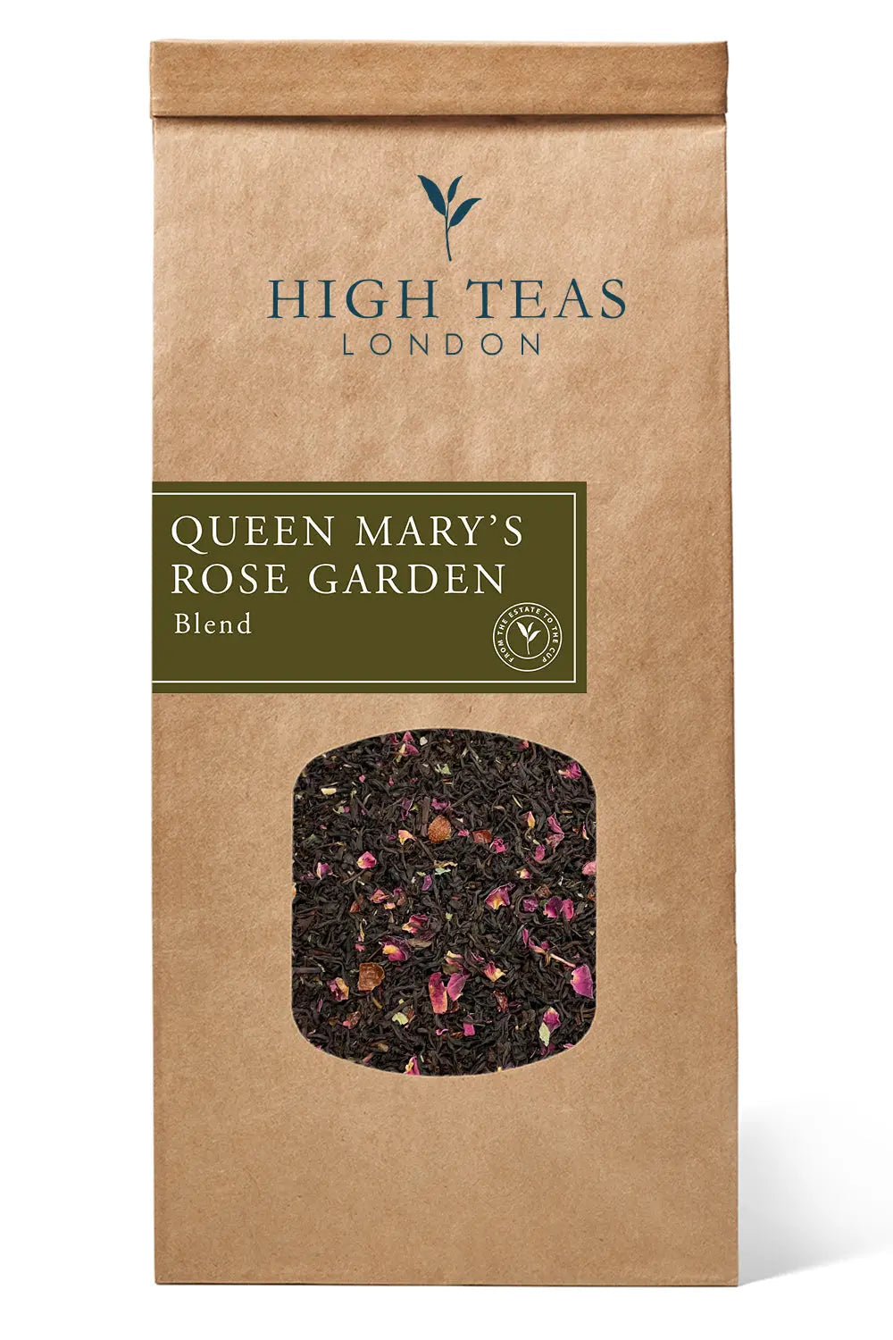 Loose leaf Queen Mary's Rose Garden tea by High Teas, featuring fragrant rose petals in a decorative tin.