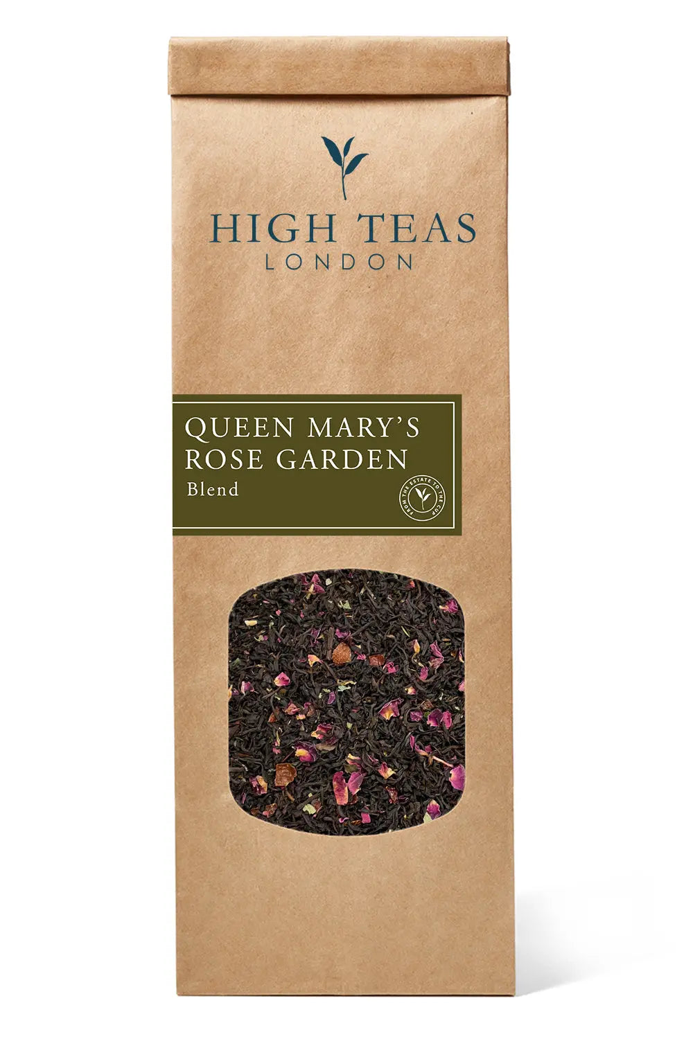 Loose leaf Queen Mary's Rose Garden tea by High Teas with dried rose petals and fragrant tea leaves in a natural setting