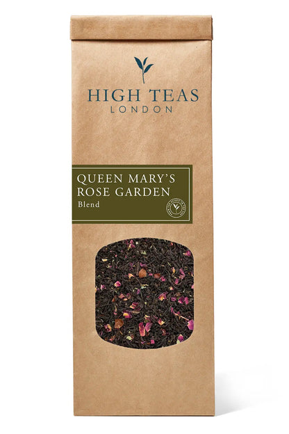 Loose leaf Queen Mary's Rose Garden tea by High Teas with dried rose petals and fragrant tea leaves in a natural setting