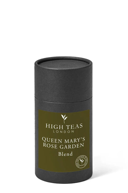 Loose leaf Queen Mary's Rose Garden tea by High Teas with fragrant rose petals and tea leaves in a natural setting.