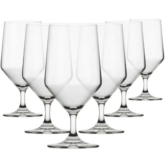 Six Murray stemmed beer tankards by Glassware UK, 460ml capacity, clear glass with a sturdy stem and wide opening.