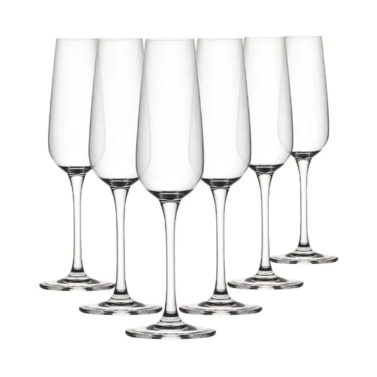 Set of six Mississippi glass champagne flutes by Glassware UK, 210ml, clear and elegant for celebratory drinks.
