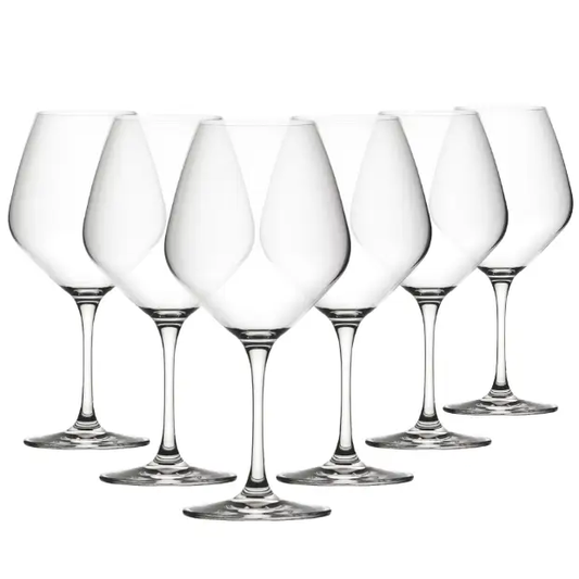 Six Seine Burgundy Wine Glasses by Glassware UK, 630ml, elegant stemware with a deep burgundy color and classic design.