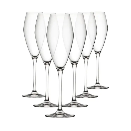 Set of six Seine Glass Flutes, 260ml champagne glasses by Glassware UK, showcasing clear, elegant glassware with tall, slender stems.