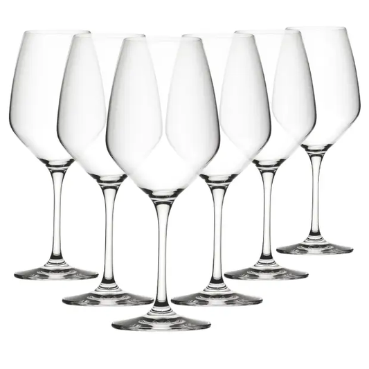Set of six Seine wine glasses by Glassware UK, 450ml capacity, clear glass with elegant stem and bowl design.