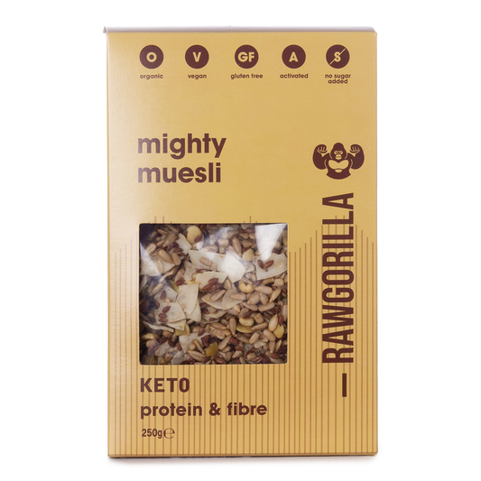 Organic Mighty Muesli Keto by Raw Gorilla in a 250g package, featuring a blend of raw, wholesome ingredients for a healthy breakfast.