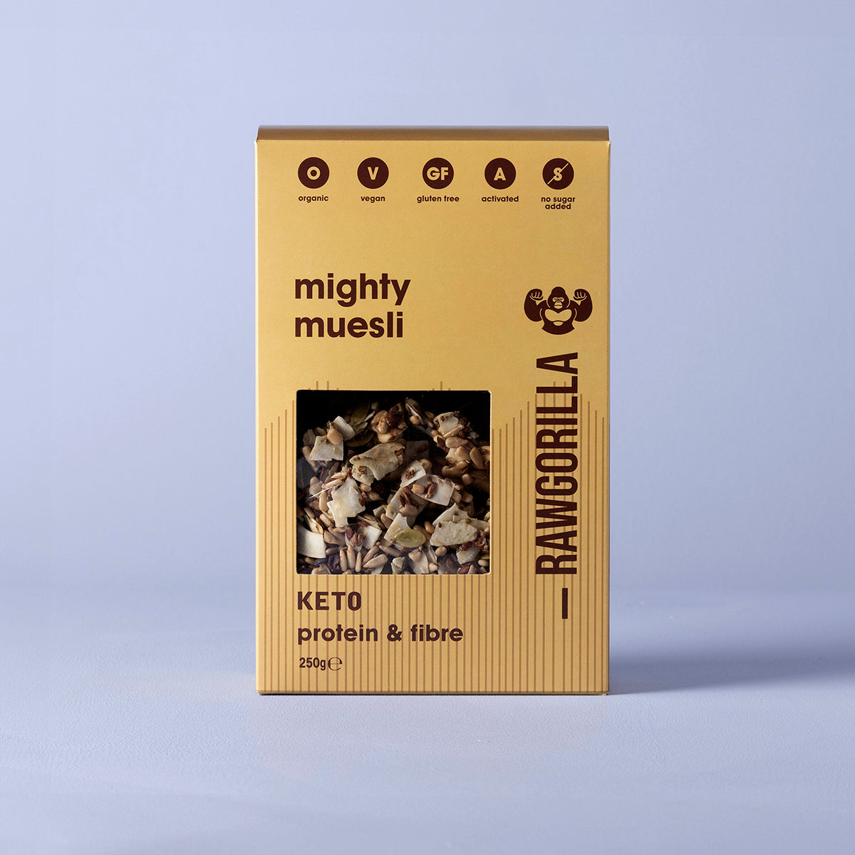 Organic Mighty Muesli Keto by Raw Gorilla in a 250g package, displayed in a natural setting with raw grains and nuts.