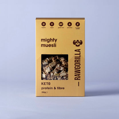 Organic Mighty Muesli Keto by Raw Gorilla in a 250g package, displayed in a natural setting with raw grains and nuts.