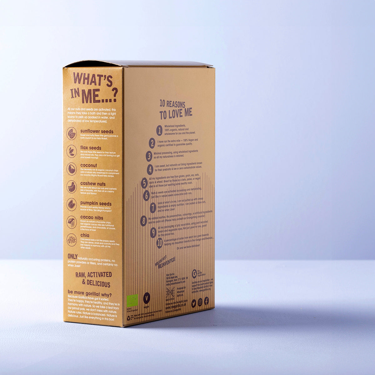 Organic Mighty Muesli Keto by Raw Gorilla in a 250g package, featuring a mix of grains and nuts for a healthy breakfast.