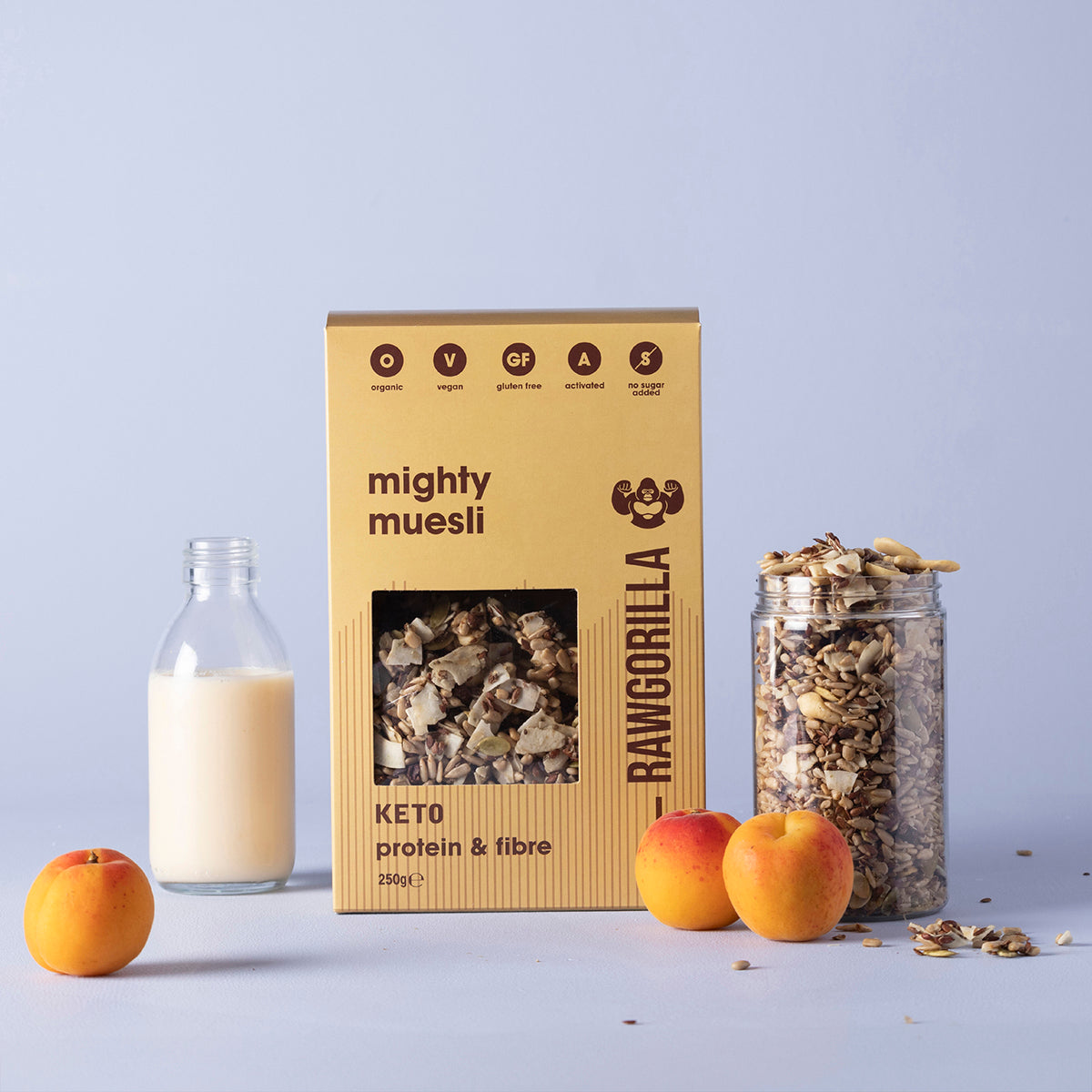 Organic Mighty Muesli Keto by Raw Gorilla in a 250g package, featuring a mix of raw, natural ingredients for a healthy breakfast.