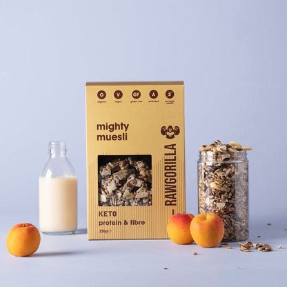 Organic Mighty Muesli Keto by Raw Gorilla in a 250g package, featuring a mix of raw, natural ingredients for a healthy breakfast.