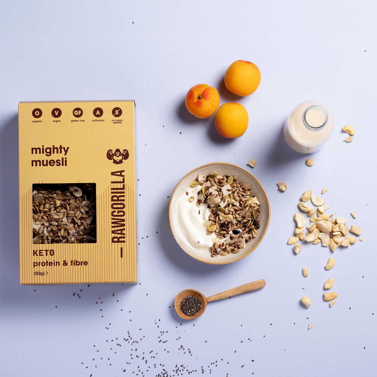 Organic Mighty Muesli Keto by Raw Gorilla in a 250g package, showing a bowl of raw, healthy muesli with nuts and seeds.